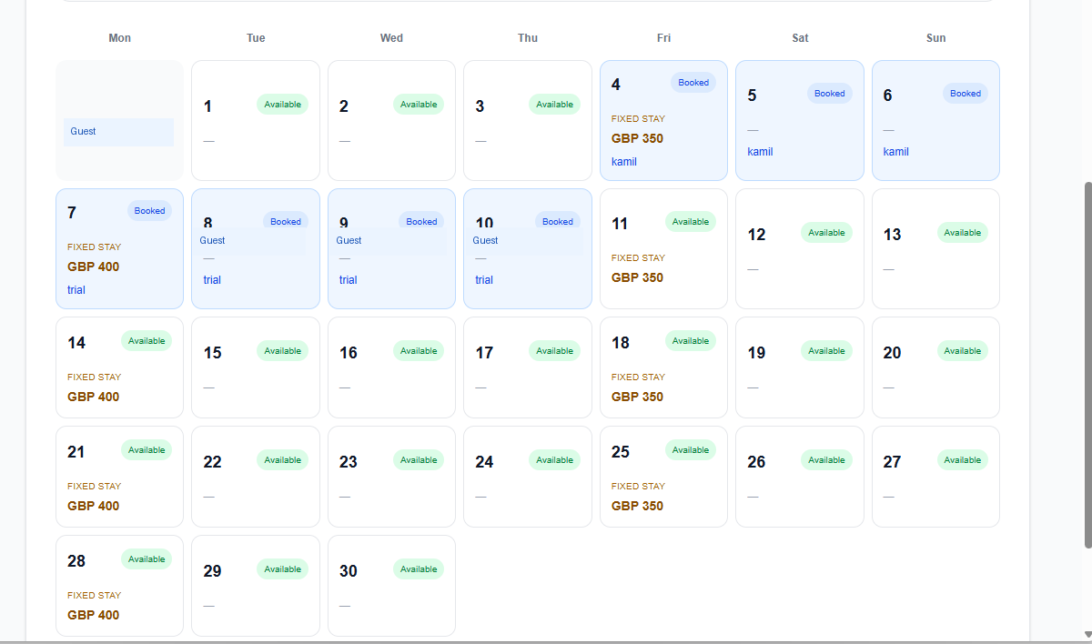 Availability and booking calendar