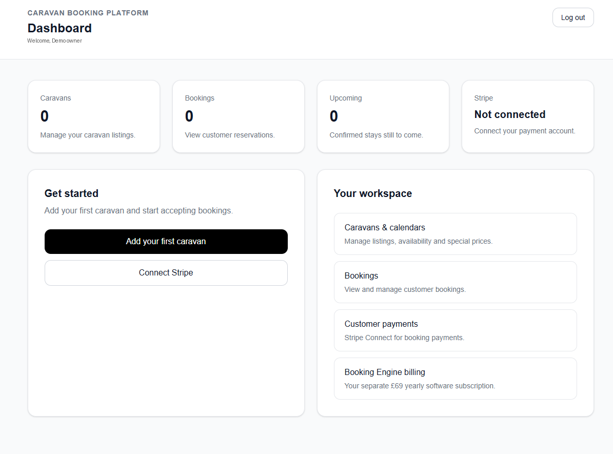 Caravan Booking Engine dashboard
